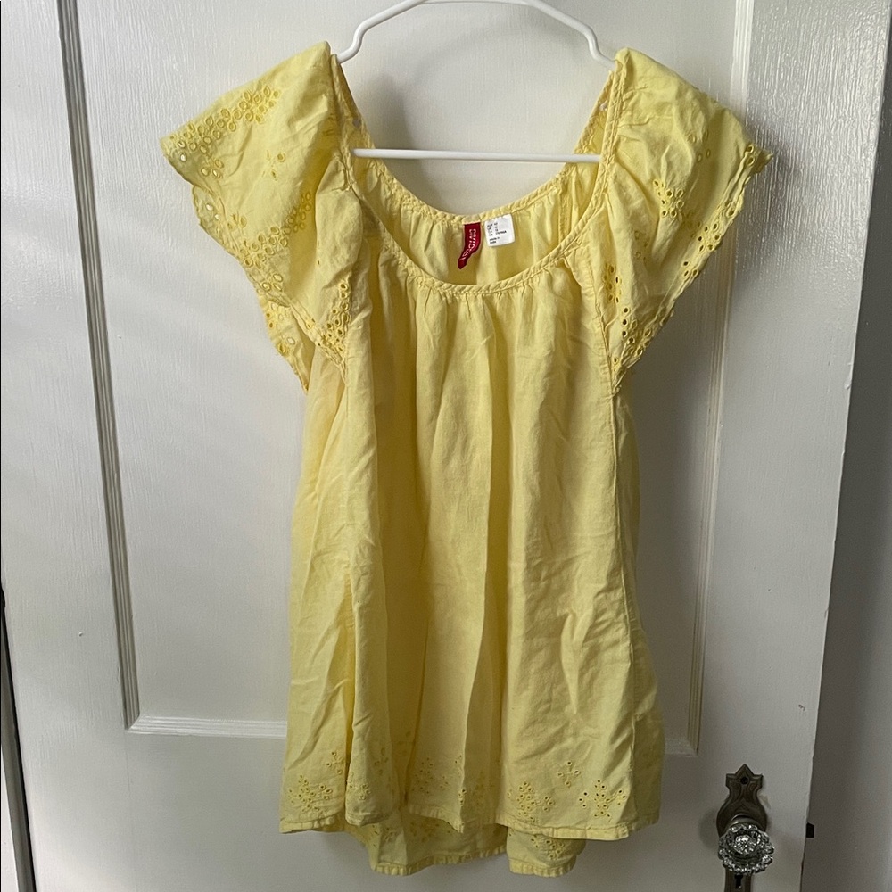 Yellow Eyelet Flutter Sleeve 100% Cotton Top